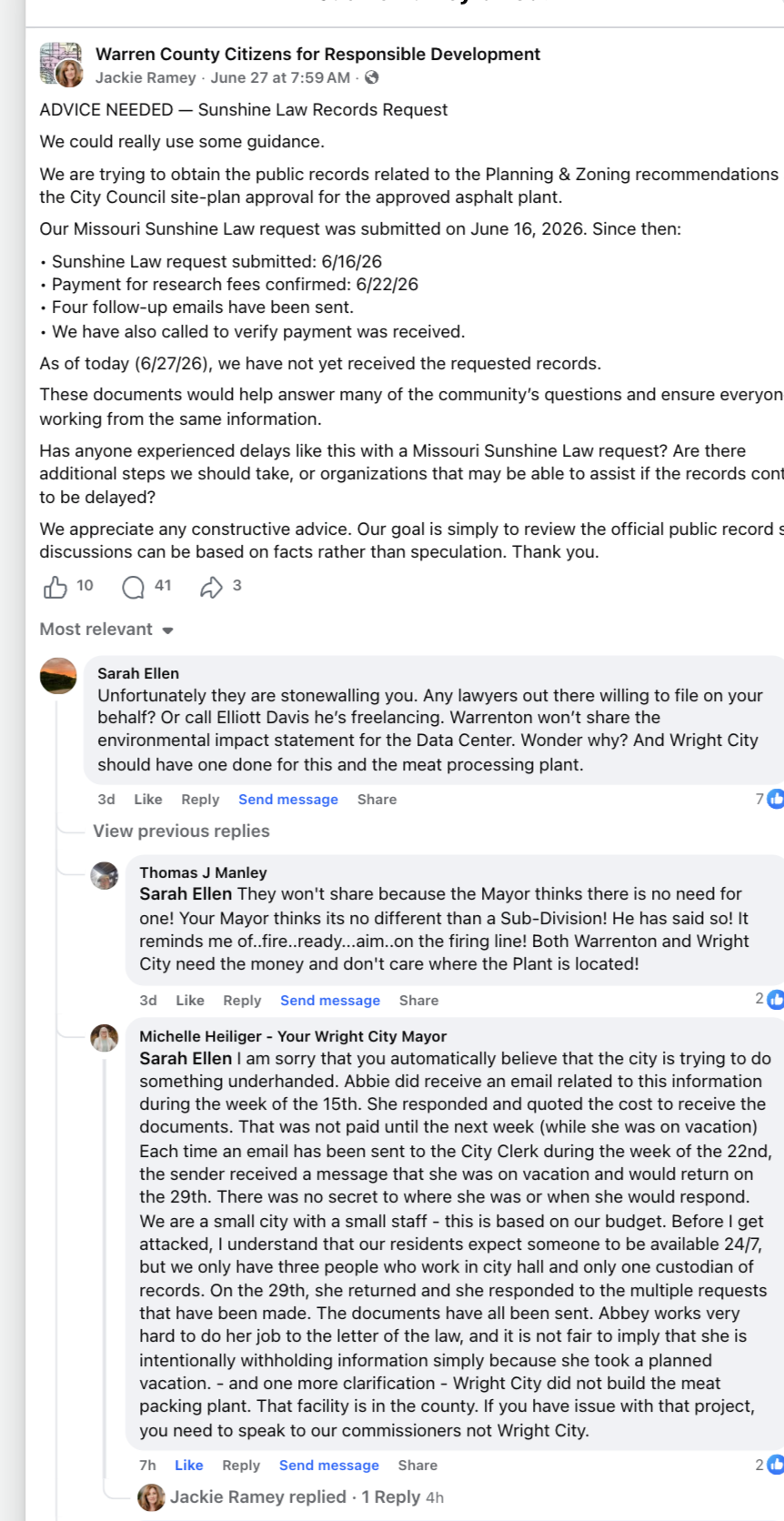 Mayor's Facebook statement, part 1